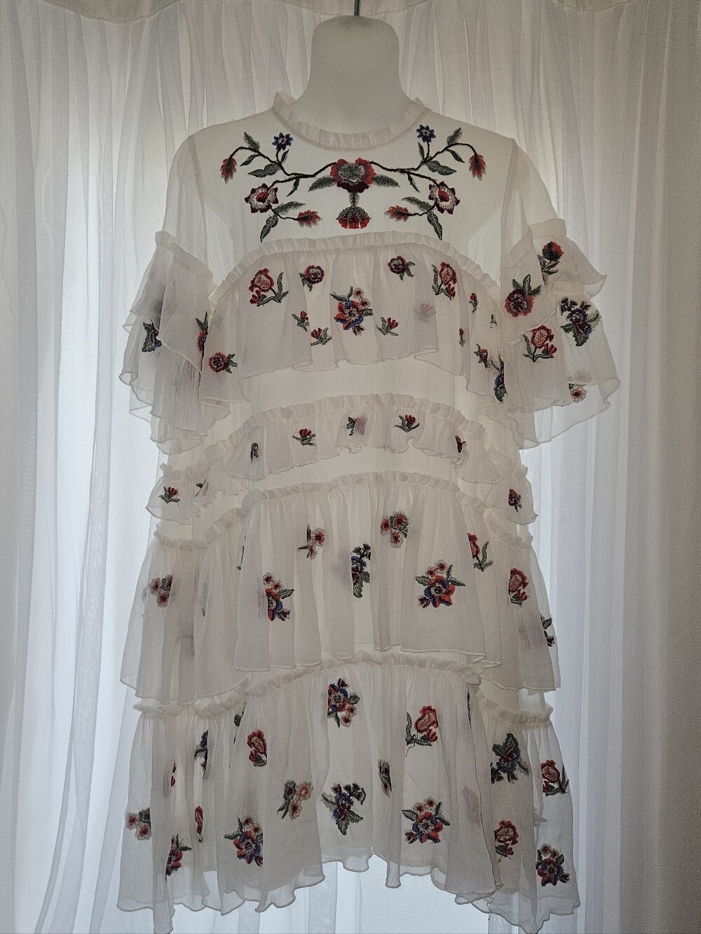 ZARA Boho Embroidered Floral Ruffle White Mini Dress - Picture 6 of 16